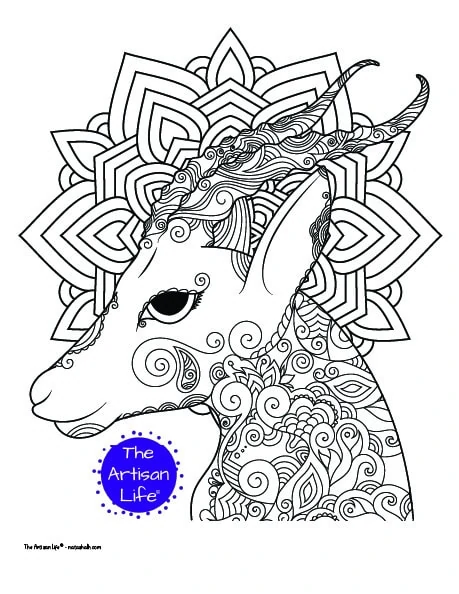 An antelope head coloring page for adults with complex patterns to color and a mandala in the background