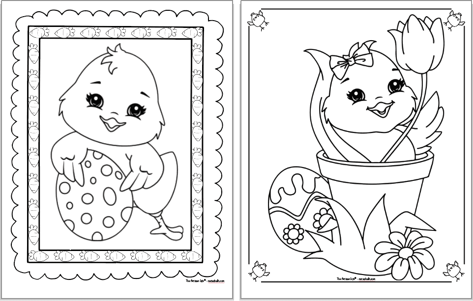 Two cute Easter chick coloring pages. Each chick is inside a decorative frame to color. The chick on the left is holding an Easter egg decorated with dots. The chick on the right is in a flower put with a tulip