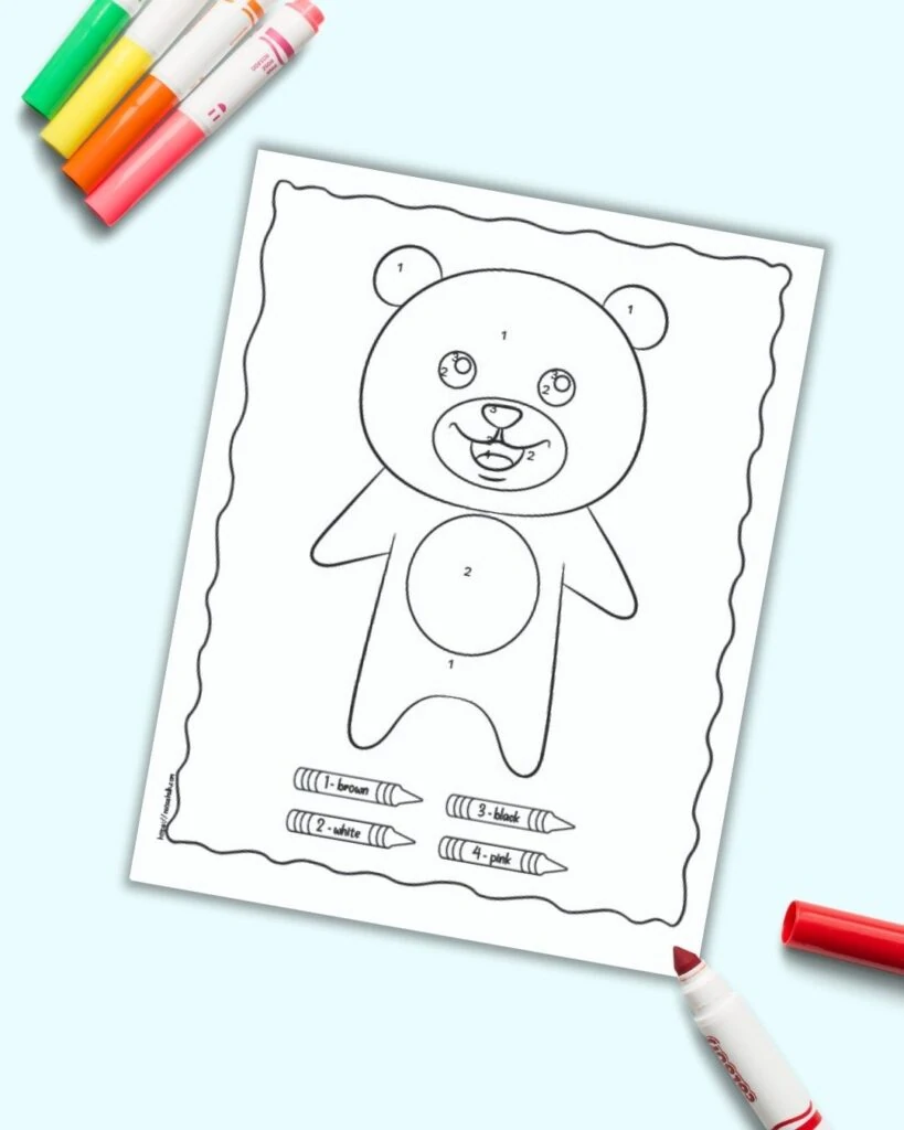 An easy bear color by number page for children with numbers 1-4 to color. The page is shown on a blue background with colorful children's markers. 