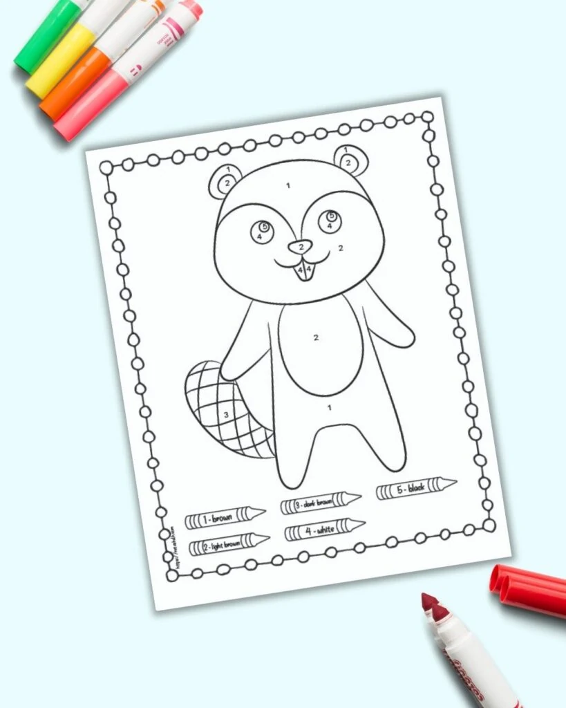 An easy raccoon color by number page for children with numbers 1-5 to color. The page is shown on a blue background with colorful children's markers. 