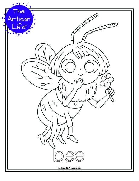 A cute insect coloring page for children with a doodle frame, a bee to color, and "bee" in a  bubble font to color