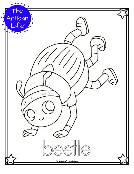 A cute insect coloring page for children with a doodle frame, a beetle to color, and "beetle" in a bubble font to color
