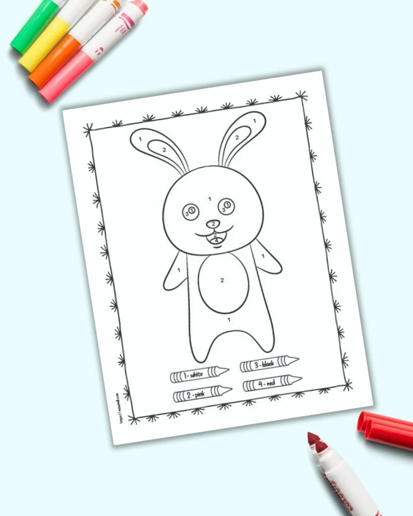 An easy bunny color by number page for children with numbers 1-4 to color. The page is shown on a blue background with colorful children's markers. 