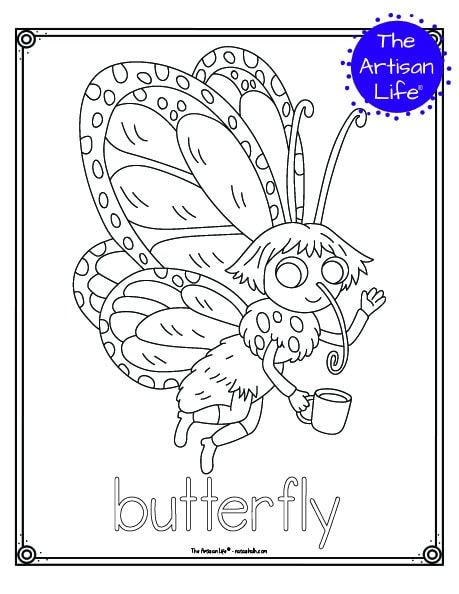 A cute insect coloring page for children with a doodle frame, a butterfly to color, and "butterfly" in a bubble font to color