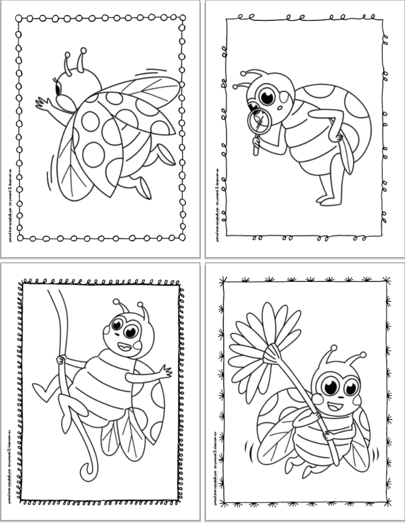 Four free printable ladybug coloring pages for kids in a 2x2 grid. The pages show: a ladybug flying away, a ladybug with a magnifying glass, a ladybug riding on a vine, and a ladybug flying with a daisy