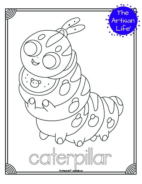 A cute insect coloring page for children with a doodle frame, a caterpillar to color, and "caterpillar" in a bubble font to color