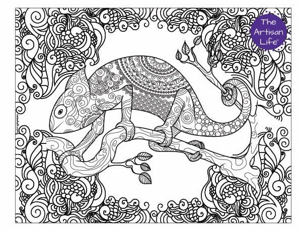 A complex chameleon coloring page for adults with difficult patterns to color and a doodle frame of swirls and dots