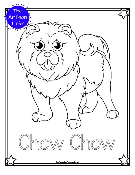 A preview of a printable dog breed coloring page with a chow chow to color. The dog breed's name is below the coloring image and there is a doodle frame to color around the edge of the page. 