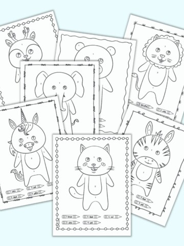 A preview of 7 simple color by number coloring pages for children with cute cartoon animals. Animals include: cat, unicorn, zebra, elephant, bear, deer, and lion