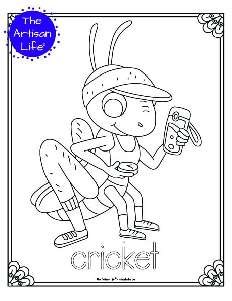 A cute insect coloring page for children with a doodle frame, a cricket to color, and "cricket" in a bubble font to color