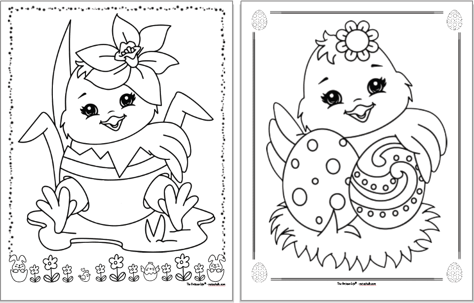Two cute Easter chick coloring pages. Each chick is inside a decorative frame to color. The chick on the left is sitting inside an eggshell and wearing a lily on its head. The chick on the right is sitting on hay with two decorated eggs.