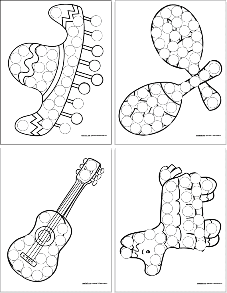 Cinco de Mayo themed dot marker printables for toddlers and preschoolers. Images include a sombrero, two maracas, a guitar, and a piñata.
