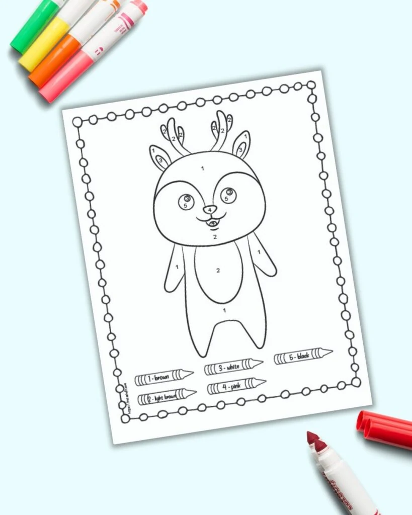 An easy deer color by number page for children with numbers 1-5 to color. The page is shown on a blue background with colorful children's markers. 