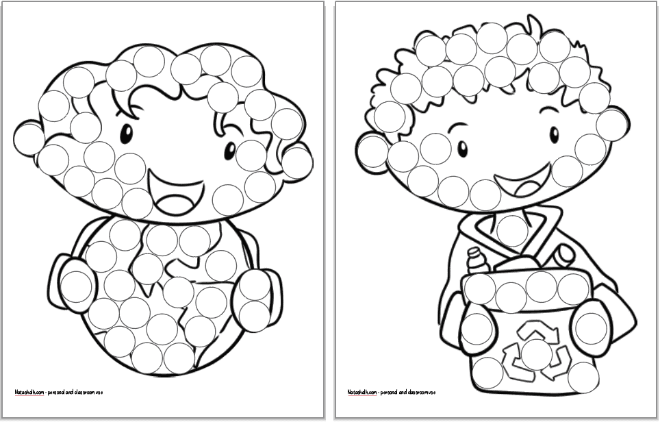 Two printable Earth Day dot marker coloring pages for toddlers and preschoolers. Both pages have black and white drawings with large circles to color in. On the left is a child holding the Earth. On the right is a child with a recycling box.