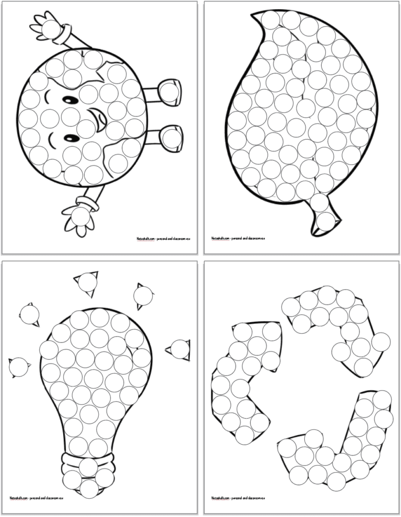 Four printable Earth Day dot marker coloring pages for toddlers and preschoolers. All pages have black and white drawings with large circles to color in. Pages are: a happy planet Earth, a leaf, a lightbulb, and a recycling symbol.
