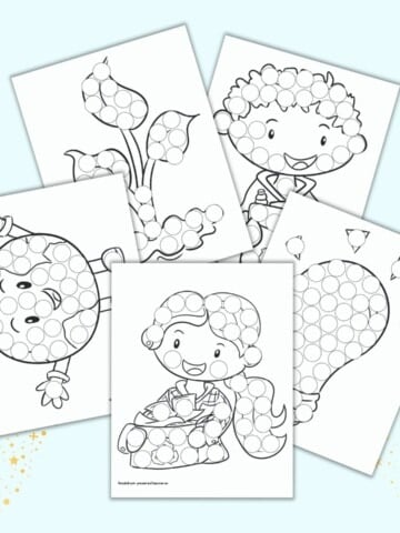 Five printable dot marker coloring pages for toddlers and preschoolers. Pages include a happy planet Earth, a girl holding a box for recycling, seedlings, a boy with a box for recycling, and a lightbulb