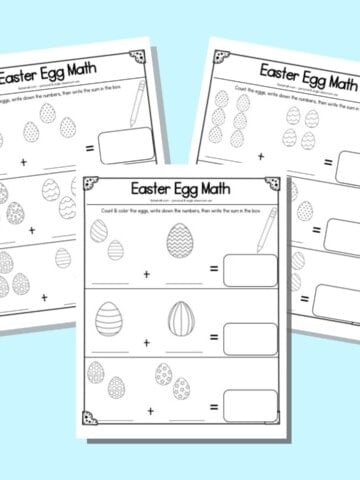 Three pages of Easter egg addition worksheets. Each page has three sets of eggs to count, color, and add.