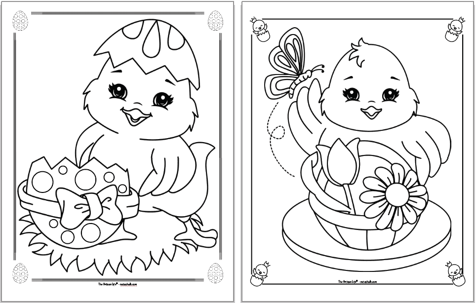 Two cute Easter chick coloring pages. Each chick is inside a decorative frame to color. The chick on the left is next to a dotted Easter egg with a boy on it. The chick on the right is behind a basket. A butterfly is over its upraised right wing.
