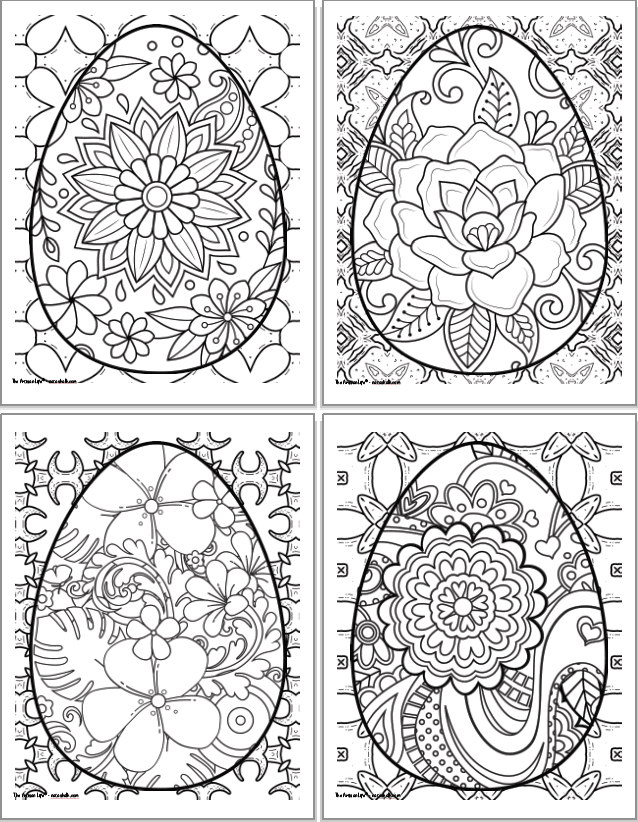 A 2x2 grid of printable Easter egg coloring pages for adults. Each egg has a floral design. The eggs are overplayed on abstract geometric designs to color.