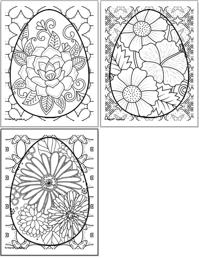 Three printable adult coloring pages with Easter eggs to color. Each Easter egg is very large and almost completely fills the page. Behind each egg is an abstract geometric design to color.