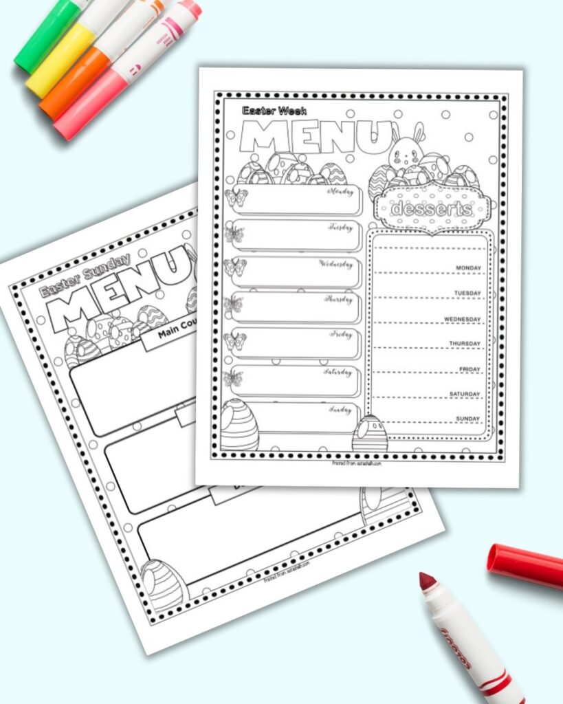 Two coloring page menu planners. The front page has "Easter week menu" at the top and spaces to plan meals and desserts for the week. There are also bunnies, butterflies, and eggs to color. The page behind is a coloring page menu planner for Easter Sunday. It also has Easter eggs and an Easter bunny to color.