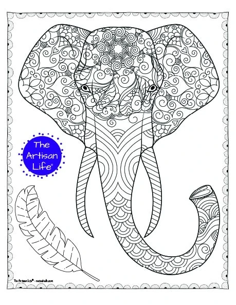 A forward-facing elephant head coloring page for adults with complex patterns to color and a doodle border