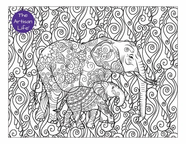 A complex coloring page for adults with doodle filled elephant mother and baby over a complex background to color.