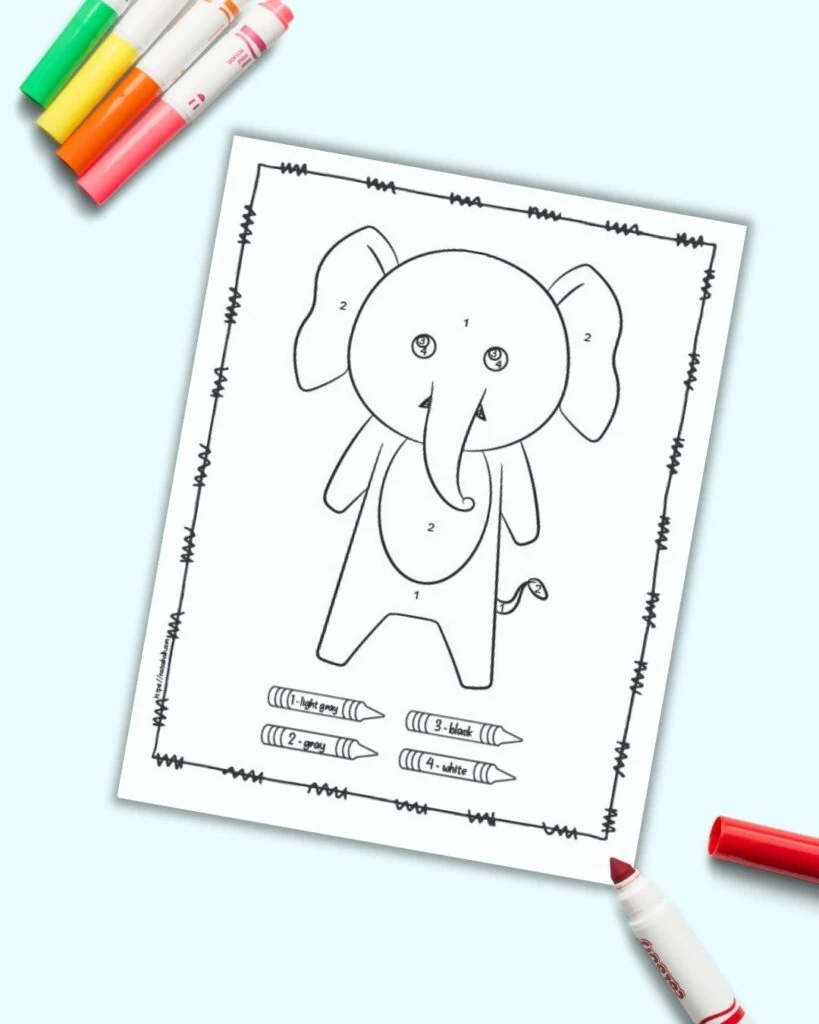 An easy elephant color by number page for children with numbers 1-4 to color. The page is shown on a blue background with colorful children's markers. 