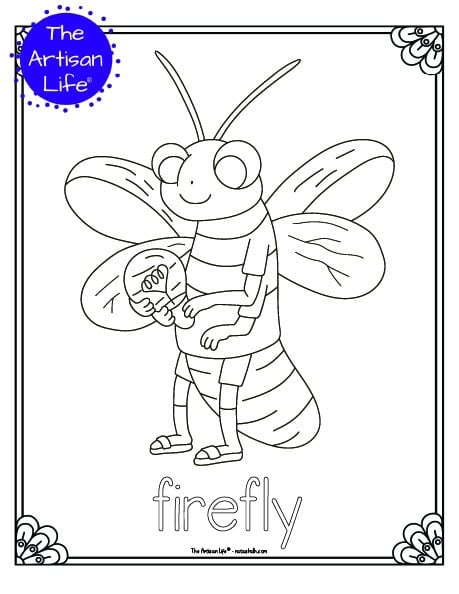 A cute insect coloring page for children with a doodle frame, a cute firefly to color, and "firefly" in a bubble font to color