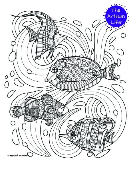 There tropical fish coloring page for adults with complex patterns to color. The fish are on top of abstract doodle waves to color.