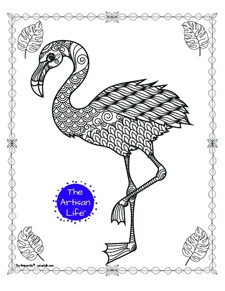 A flamingo coloring page for adults with complex patterns to color and a doodle border. A monstera leaf is also in each corner.