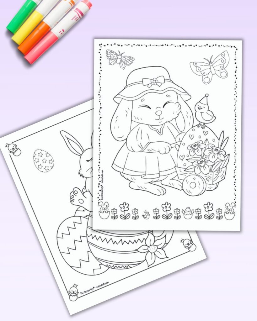 Two free printable Easter bunny coloring pages on a light purple background. Both pages have a large Easter bunny to color and a doodle frame. The front page has a bunny in a dress pushing a wheelbarrow with an Easter egg. Behind is a bunny sitting on three large Easter eggs.