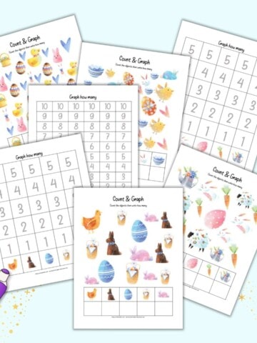 Seven free printable Easter themed count and graph worksheets for preschoolers. The pages are on a light blue background with an illustration of a purple dot marker.