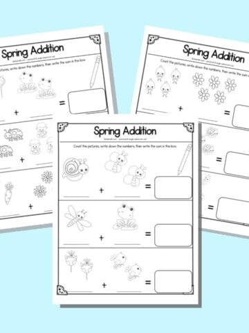 Three pages of kindergarten spring addition printable with numbers 1-10. Each page has three addition sentences with black and white images to count and color. The preview images are on a light blue background.
