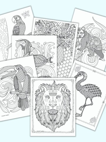 Seven printable animal coloring pages for adults. Each page has a detailed tropical or African animal to color including lions, a flamingo, parrots, a toucans and fish