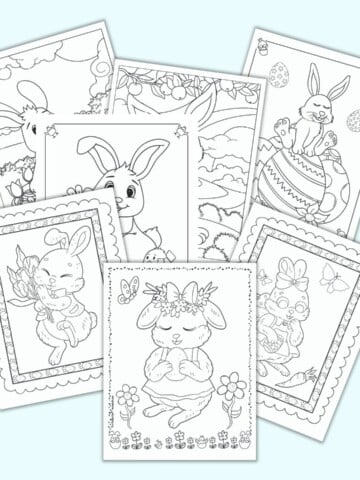 Seven free printable Easter bunny coloring pages for children. Five of the pages have a doodle frame to color. Two of the pages have a detailed nature scene background. All seven pages feature a large, cute Easter bunny.