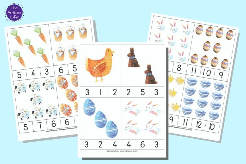 Three pages of Easter themed count and clip cards. Each page has four cards to cut apart. Each card has clipart images with 1-12 items and three numbers across the bottom for a child to clip the correct answer with a clothespin.