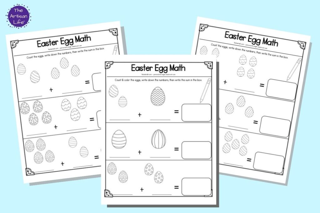 Three pages of free printable Easter egg counting worksheet. Each page has three sets of eggs to count and add with numbers from 2-10.
