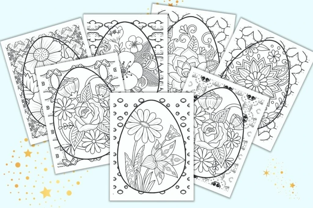 Seven free printable Easter Egg coloring pages for adults on a light blue background. Each page has a floral Easter egg on a geometric background to color.