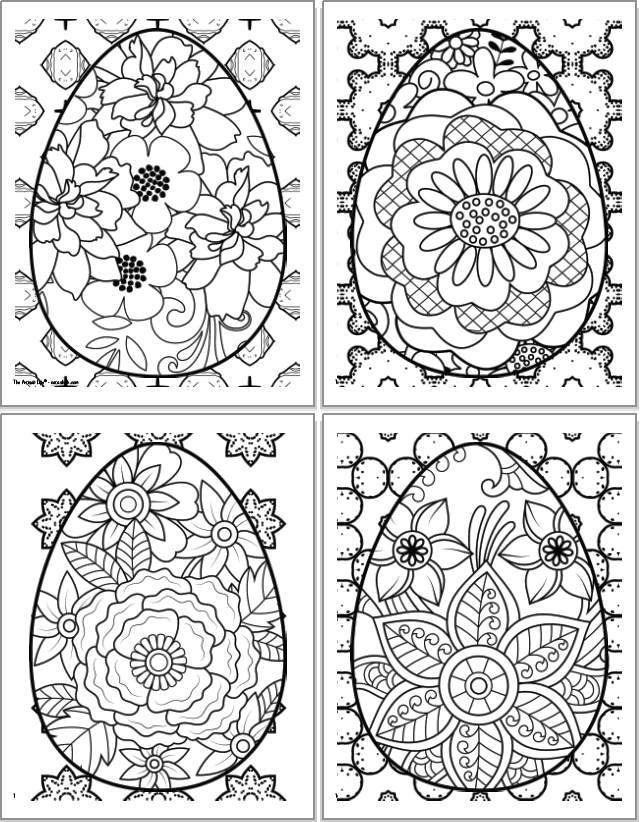 A 2x2 grid of printable Easter egg coloring sheets for adults. Each egg has a floral design inside. The eggs are overplayed on abstract geometric designs to color.
