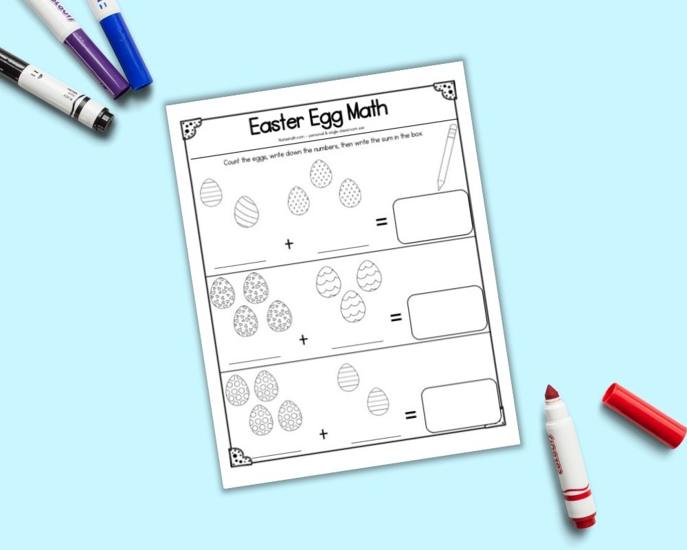 A printable Easter egg addition worksheet with eggs to count and color. The page is on a blue background with colorful children's markers.