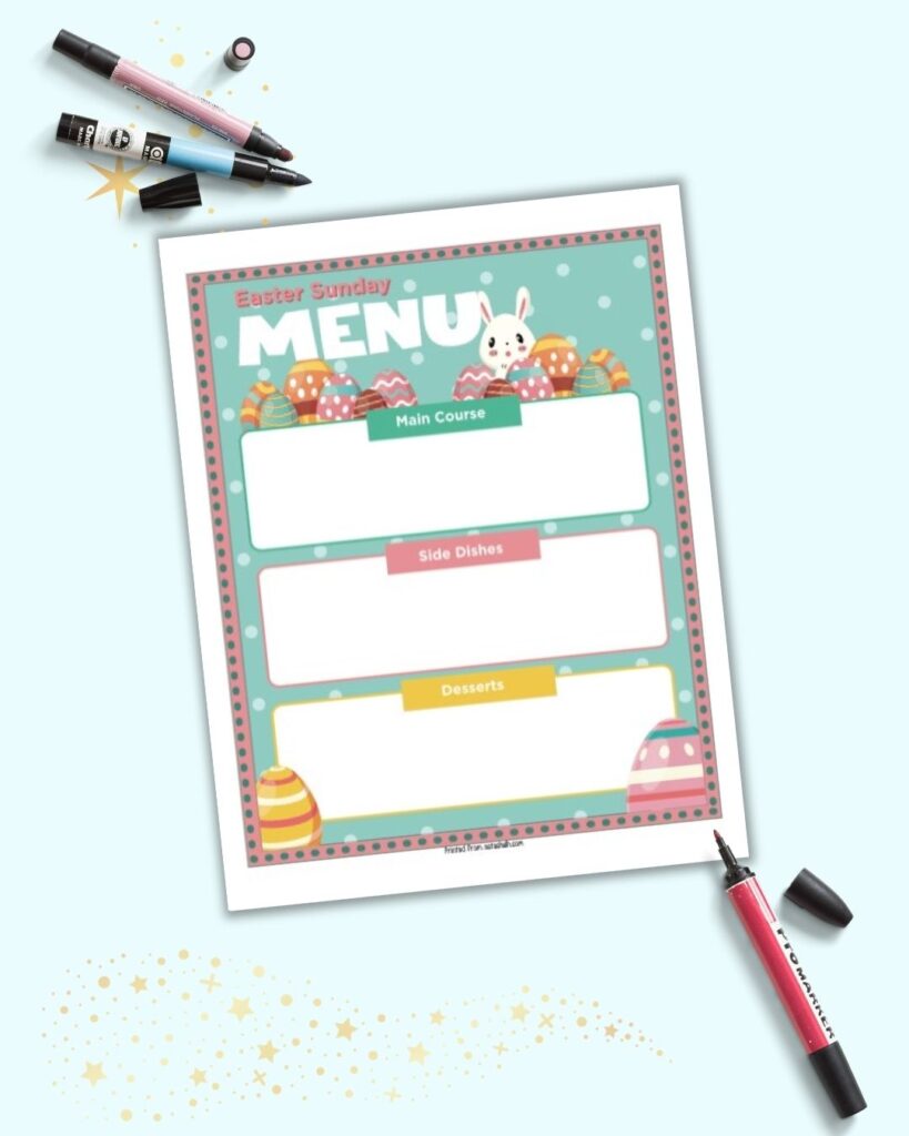 A colorful Easter dinner menu planner with a teal background, Easter bunny, and eggs. It has spaces to plan main course, side dishes, and desserts for Easter.