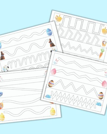 four printable Easter trace in the path pages on a blue background. Each page has four paths to trace along with Easter clip art on each end of the path.