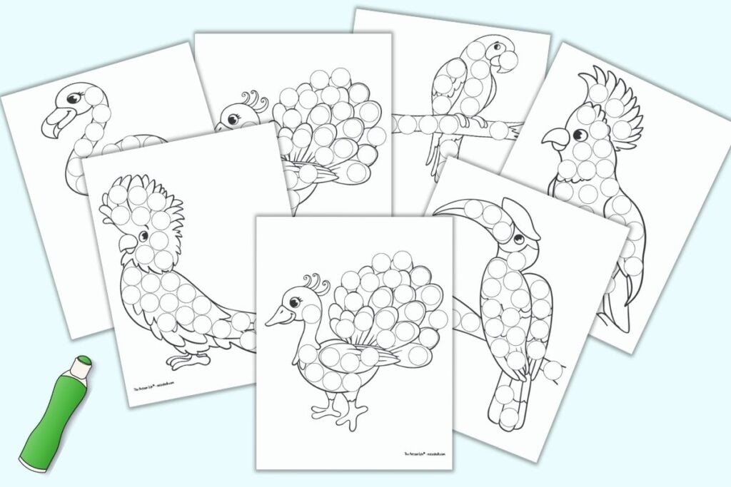 Seven printable tropical bird coloring pages for toddlers and preschoolers. Each page has a large tropical bird covered with blank circles to dot in. Birds include peacock, hornbill, cockatoos, parrot, peacock, and flamingo