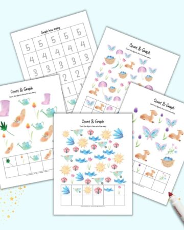 A preview of five printable preschool STEAM worksheets. There are four spring themed I spy pages and a count and graph page to graph the results on.