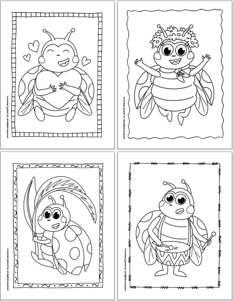 Four free printable ladybug coloring pages for kids in a 2x2 grid. The pages show: a ladybug hugging a heart, an excited ladybug with a flower crown, a ladybug holding onto a leaf, and a ladybug playing drums