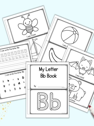 five printable letter b book pages. Each page has two pages to cut apart and assemble into into an emergent reader book for preschooler and kindergarteners