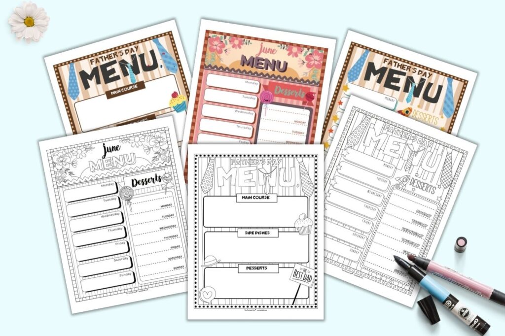 Six printable menu planner pages for June. Three are black and white, three are in color.