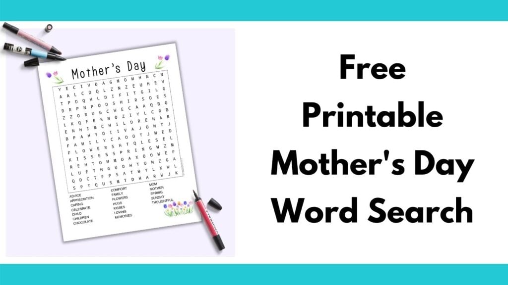 Text "free printable Mother's Day word search" next to an image of a Mother's Day themed word search printable