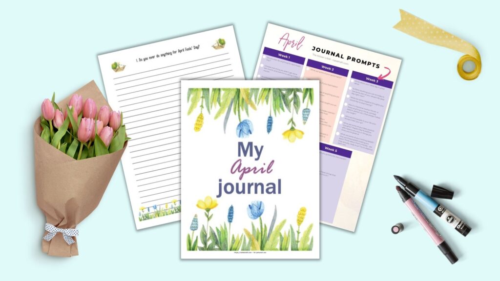 Three pages from a printable April journal: A cover page "my April journal," a lined page for writing, and a page with 30 April journal prompts on one sheet.